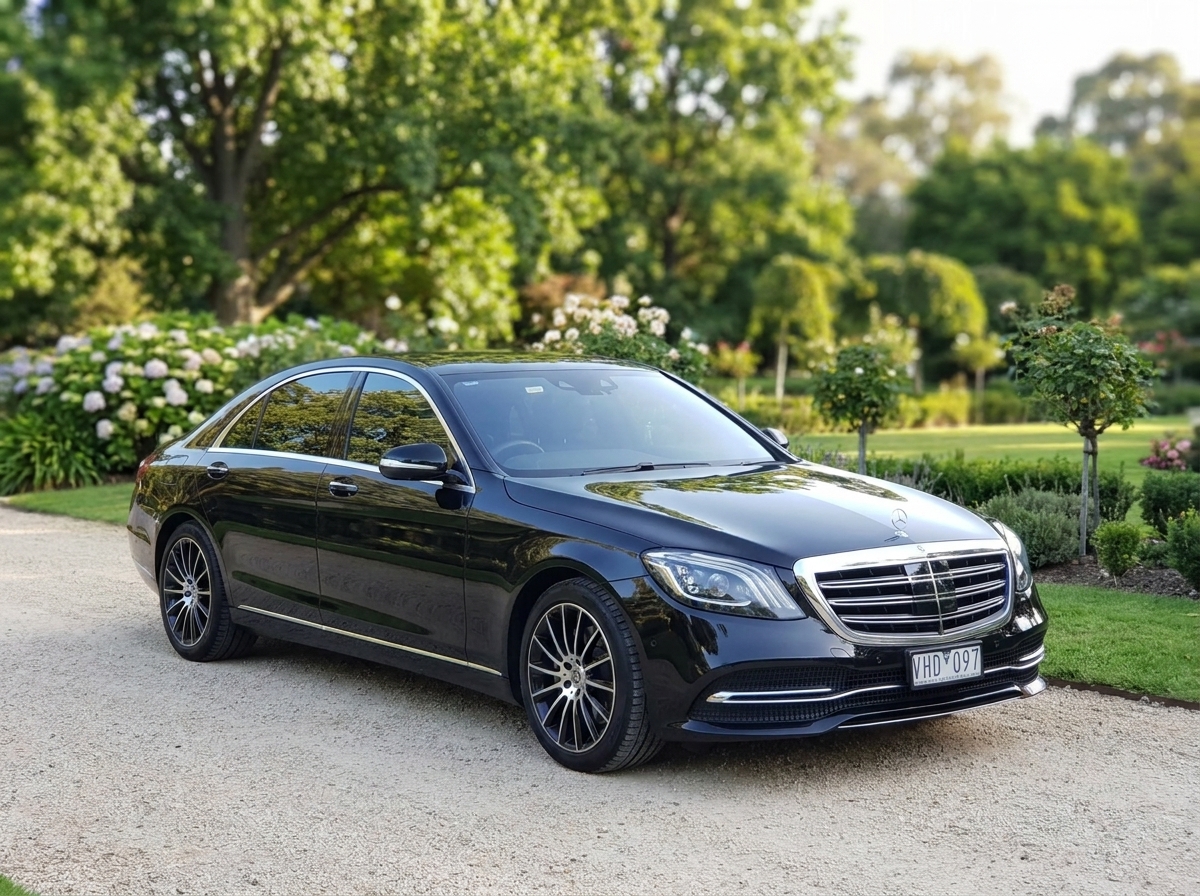 Black Mercedes S-Class — luxury wedding car hire Melbourne fleet