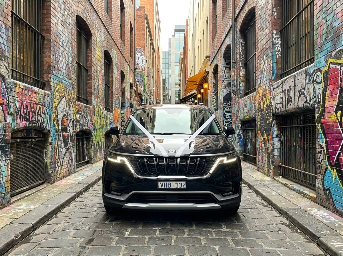 Black Kia Carnival wedding car with ribbon in Melbourne CBD laneway
