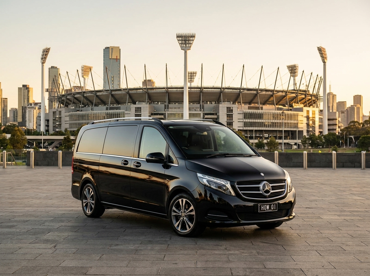 Black Mercedes-Benz V-Class Executive with plate HOW 01 positioned in front of the Melbourne Cricket Ground in Melbourne