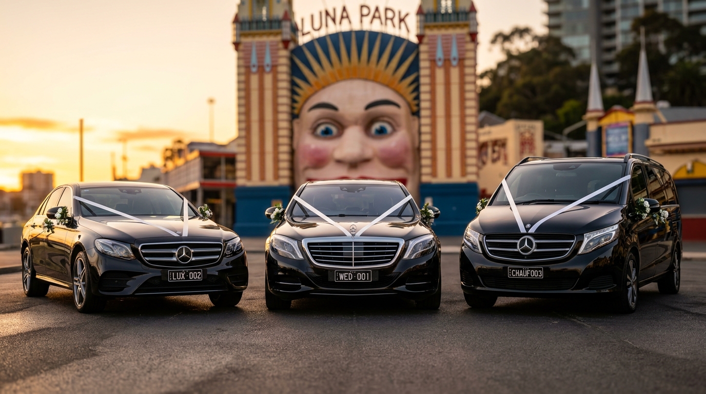 Luxury Mercedes Wedding Fleet at Luna Park Melbourne-Chauffeur ServiceMelbourne