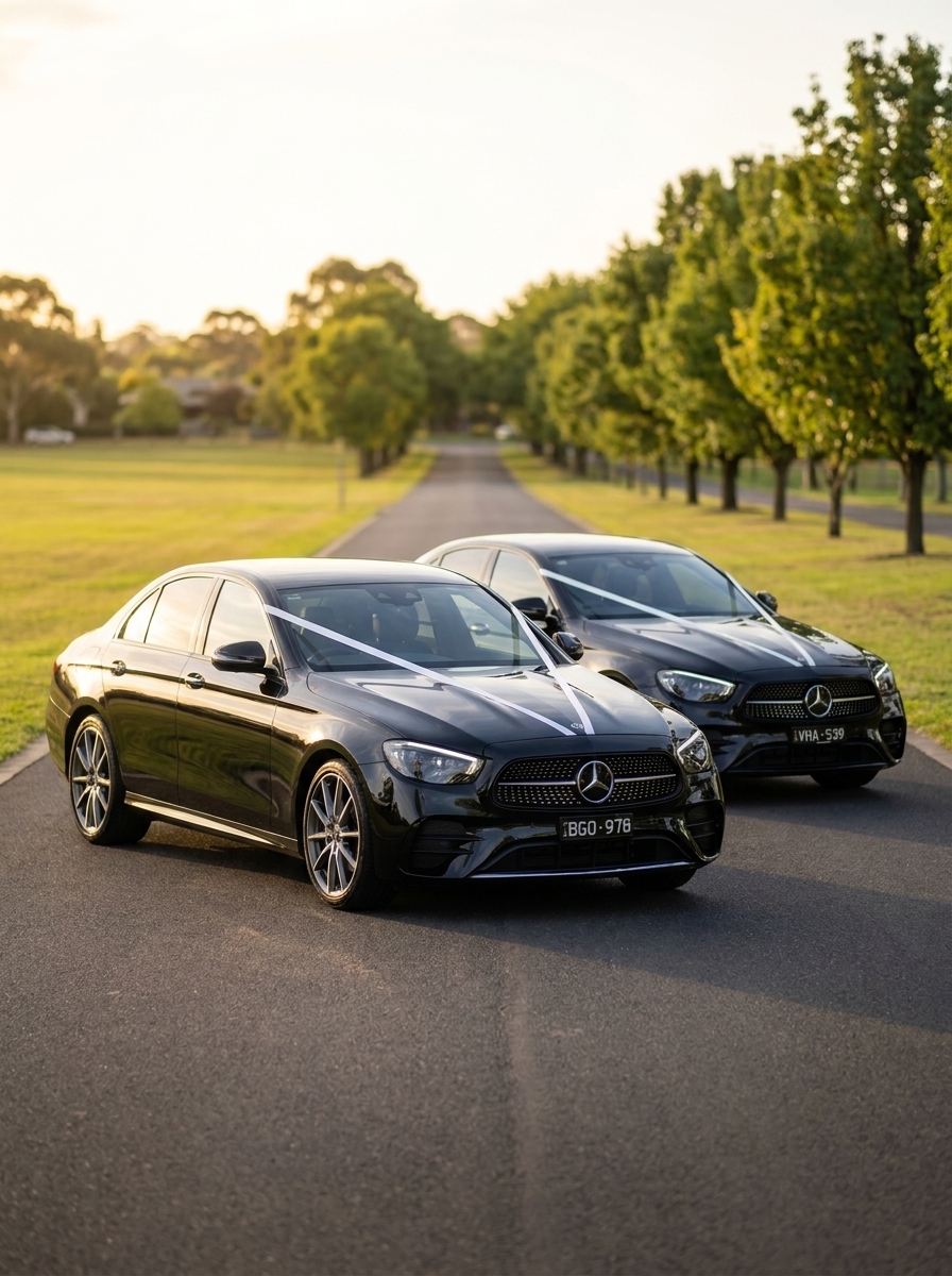 Two black Mercedes E-Class wedding cars in Bundoora Park Melbourne, luxury chauffeur vehicles ready for wedding transfer service