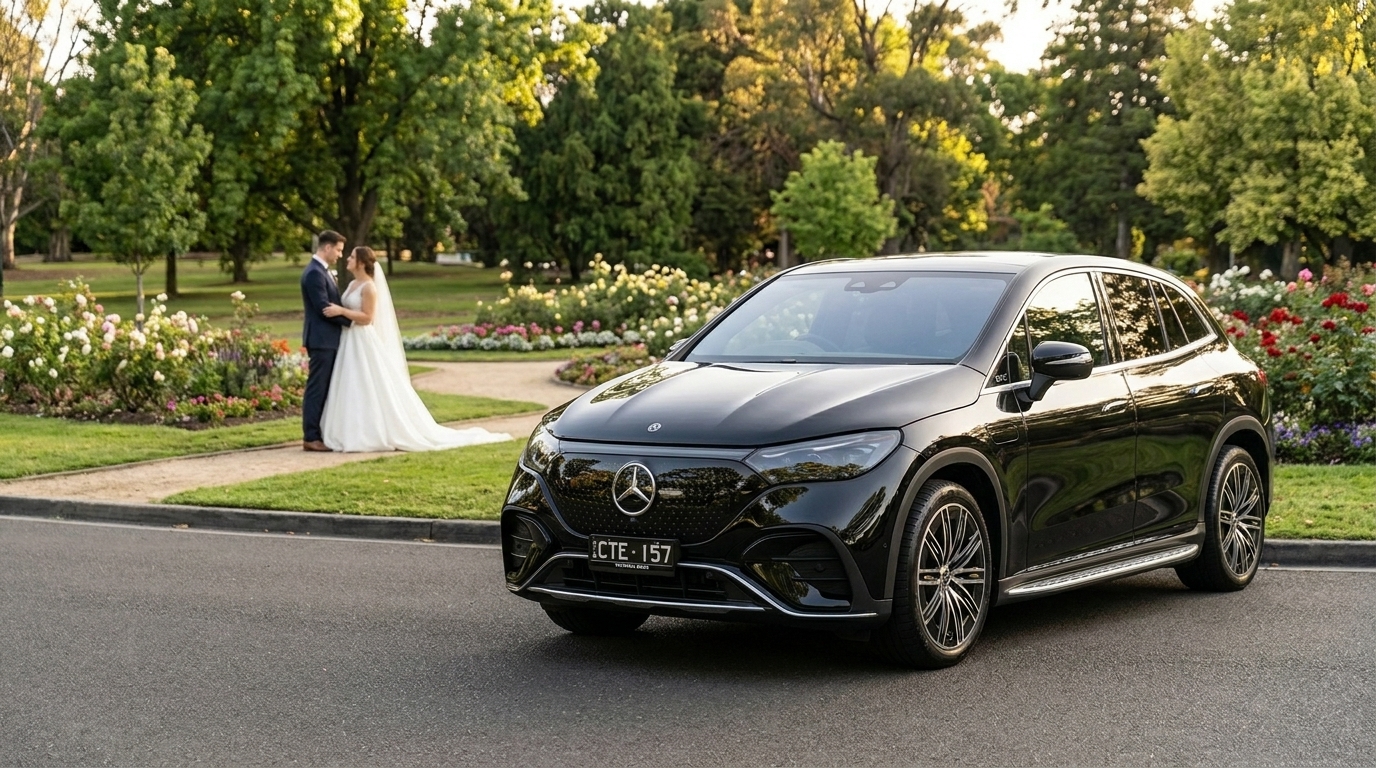 Black Mercedes-Benz EQE wedding car with registration CTE 157 at Box Hill Gardens in Melbourne with newlyweds in the background