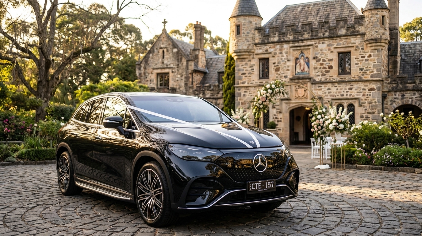 Black Mercedes-Benz EQE chauffeur vehicle with registration CTE 157 at Montsalvat wedding venue in Eltham Melbourne