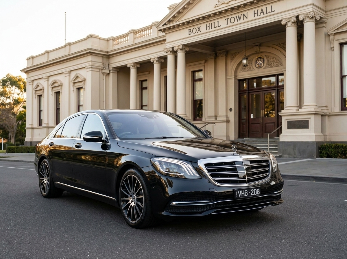 Black Mercedes-Benz S-Class with registration VHB 208 parked outside Box Hill Town Hall in Melbourne