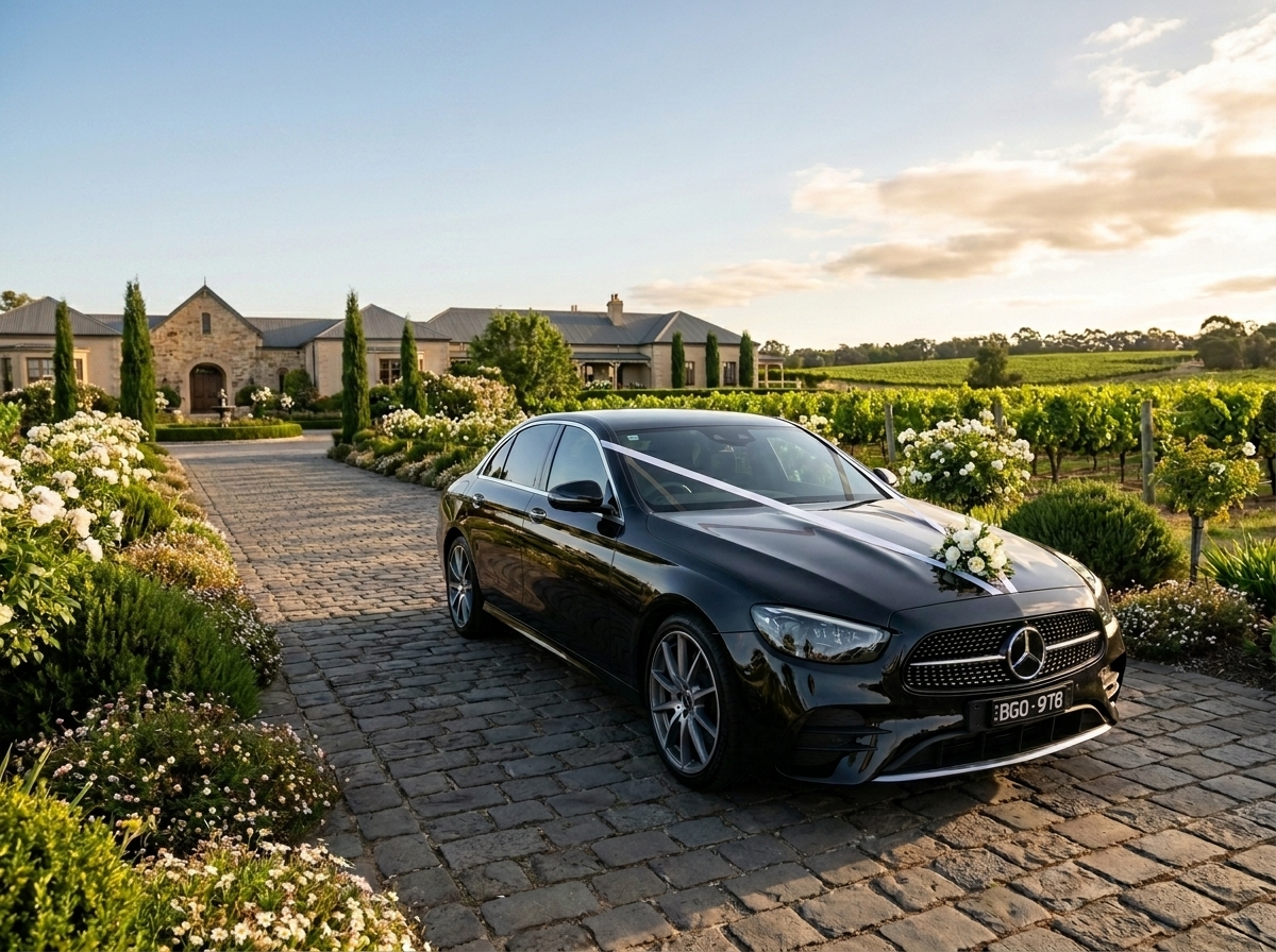 Mercedes-Benz E-Class wedding car at Yarra Valley winery estate — destination vineyard wedding Melbourne