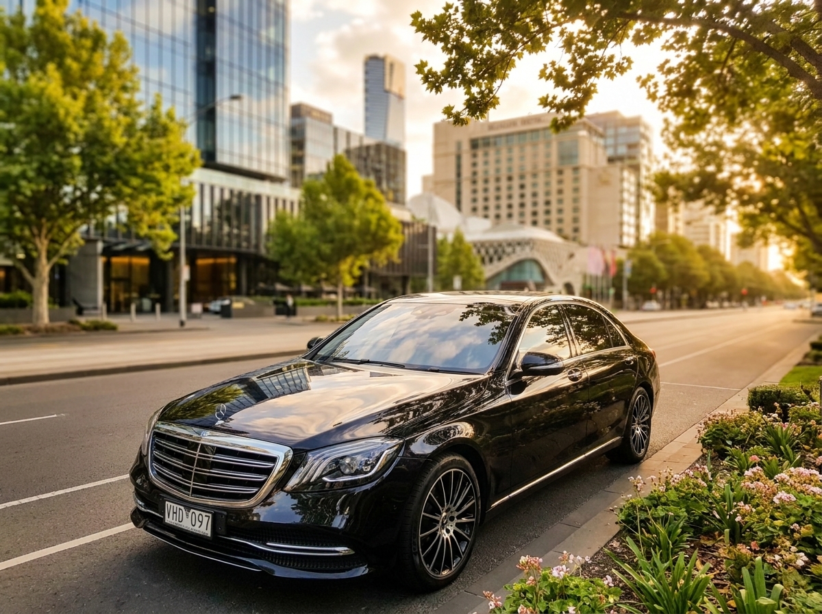 Luxury Mercedes-Benz S-Class wedding car Melbourne CBD — professional chauffeur service