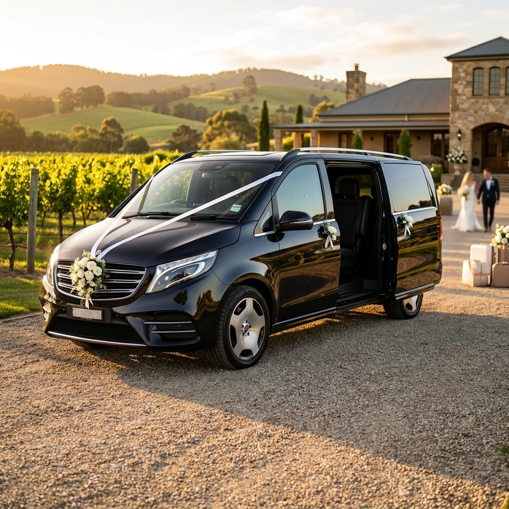 Luxury Mercedes-Benz V-Class wedding car waiting at a Yarra Valley winery for the newlyweds Melbourne