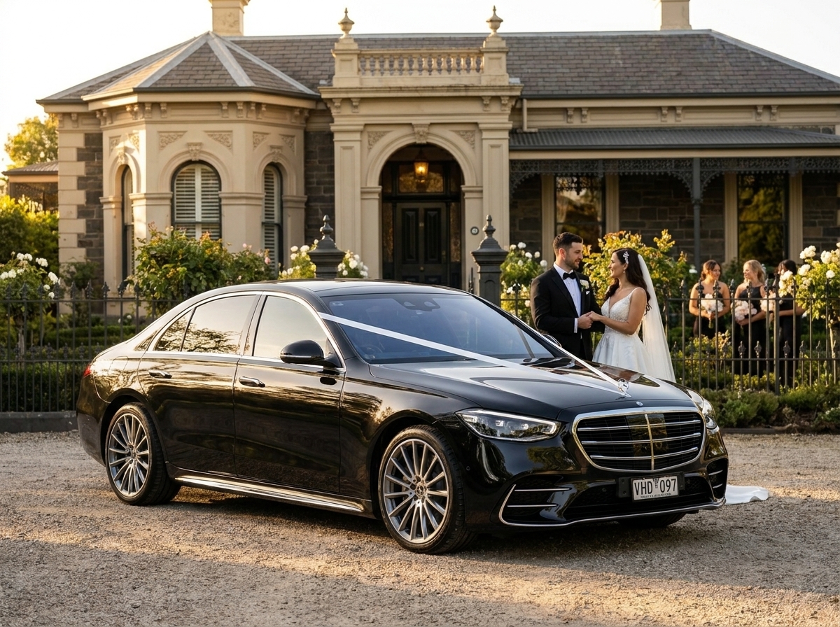 Black Mercedes-Benz S-Class wedding car with visible registration plate outside Normanby Manor Thornbury