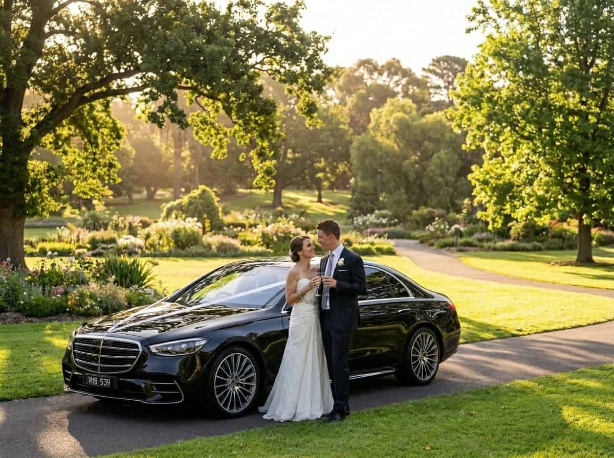 Bride and groom standing beside a black Mercedes-Benz E-Class wedding car at Caulfield Park Melbourne