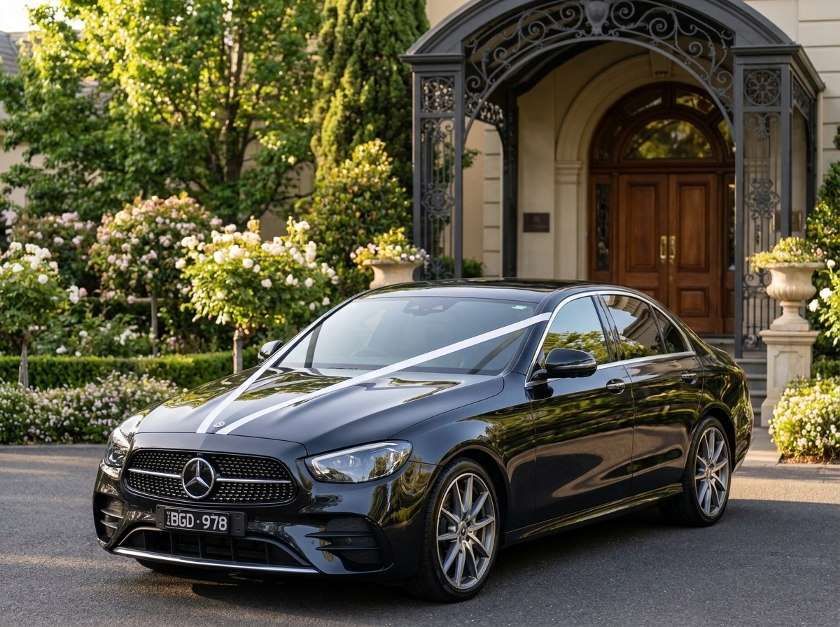 Black Mercedes E-Class wedding car with white ribbon arriving at The Ballara Wedding Venue in Toorak, Melbourne.