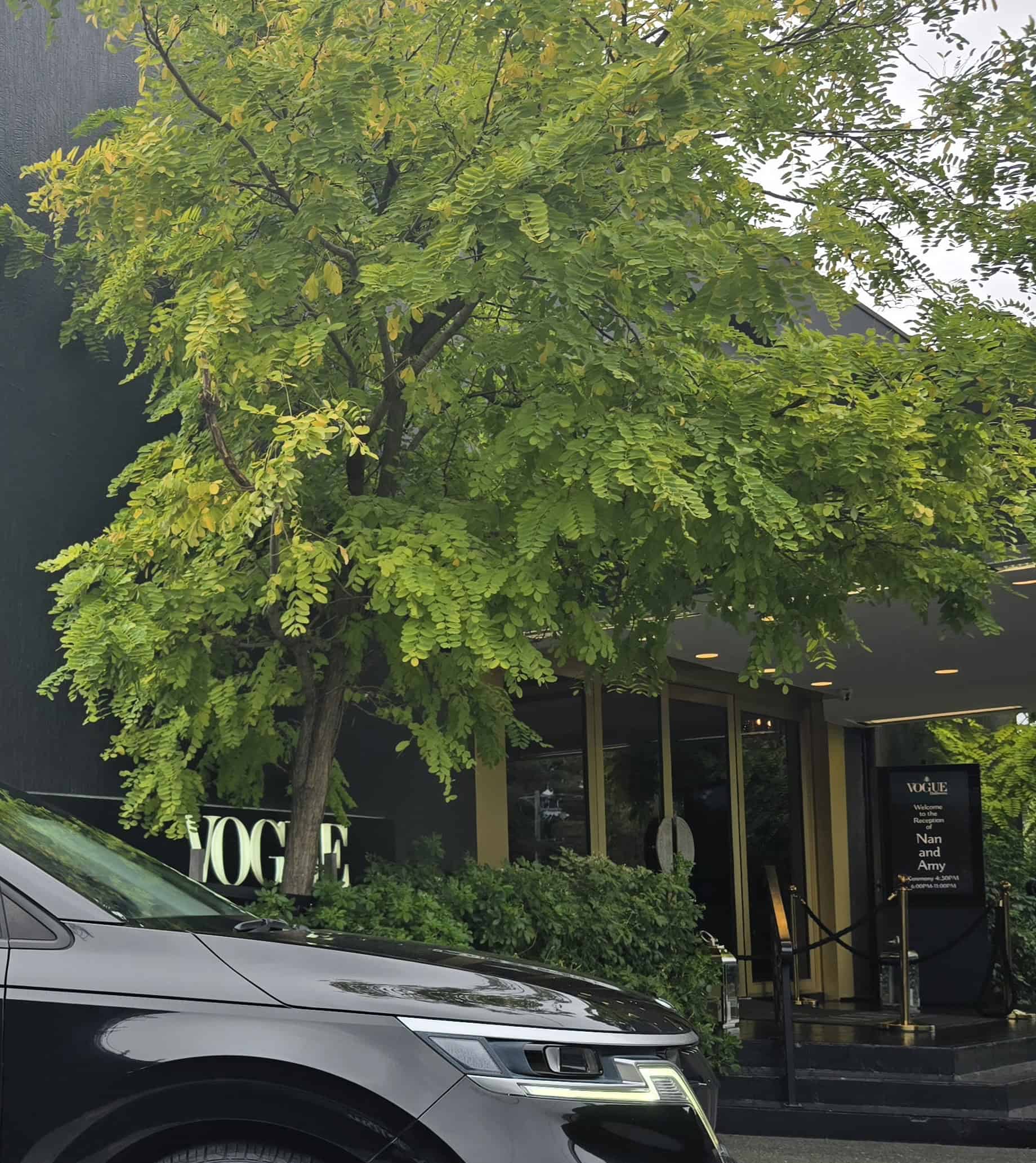 black luxury wedding car in front of the entrance to Vogue Ballroom Melbourne wedding reception venue