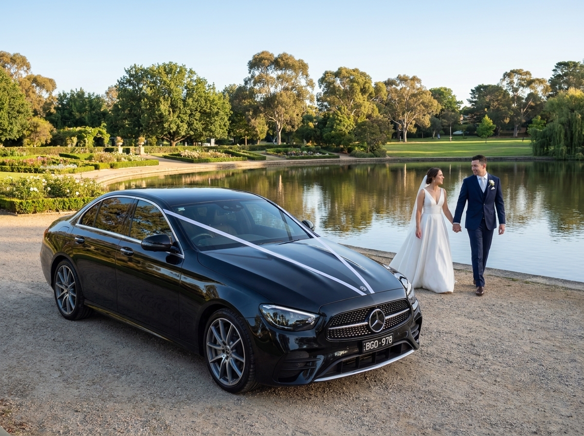Bride and groom walking beside a Mercedes-Benz E-Class wedding car at Central Park in Malvern East, Melbourne.