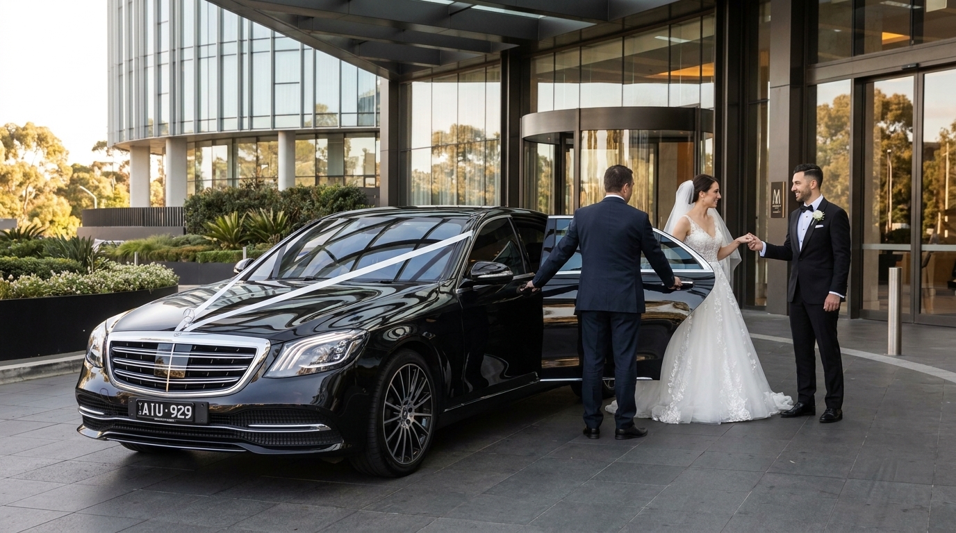 Bride and groom beside a Mercedes-Benz S-Class wedding car outside Hotel Chadstone Melbourne.