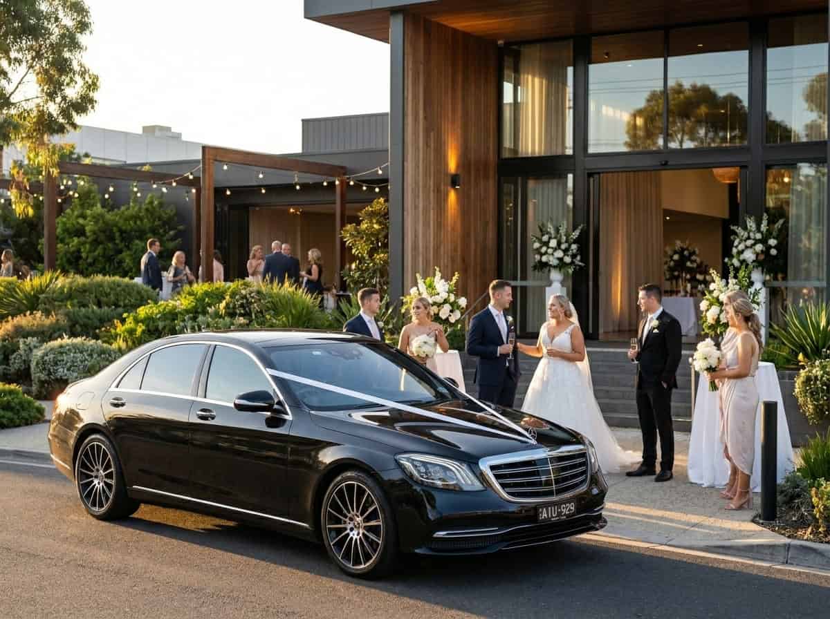 Mercedes-Benz S-Class wedding car with ribbon at Grow Event Space Melbourne wedding venue