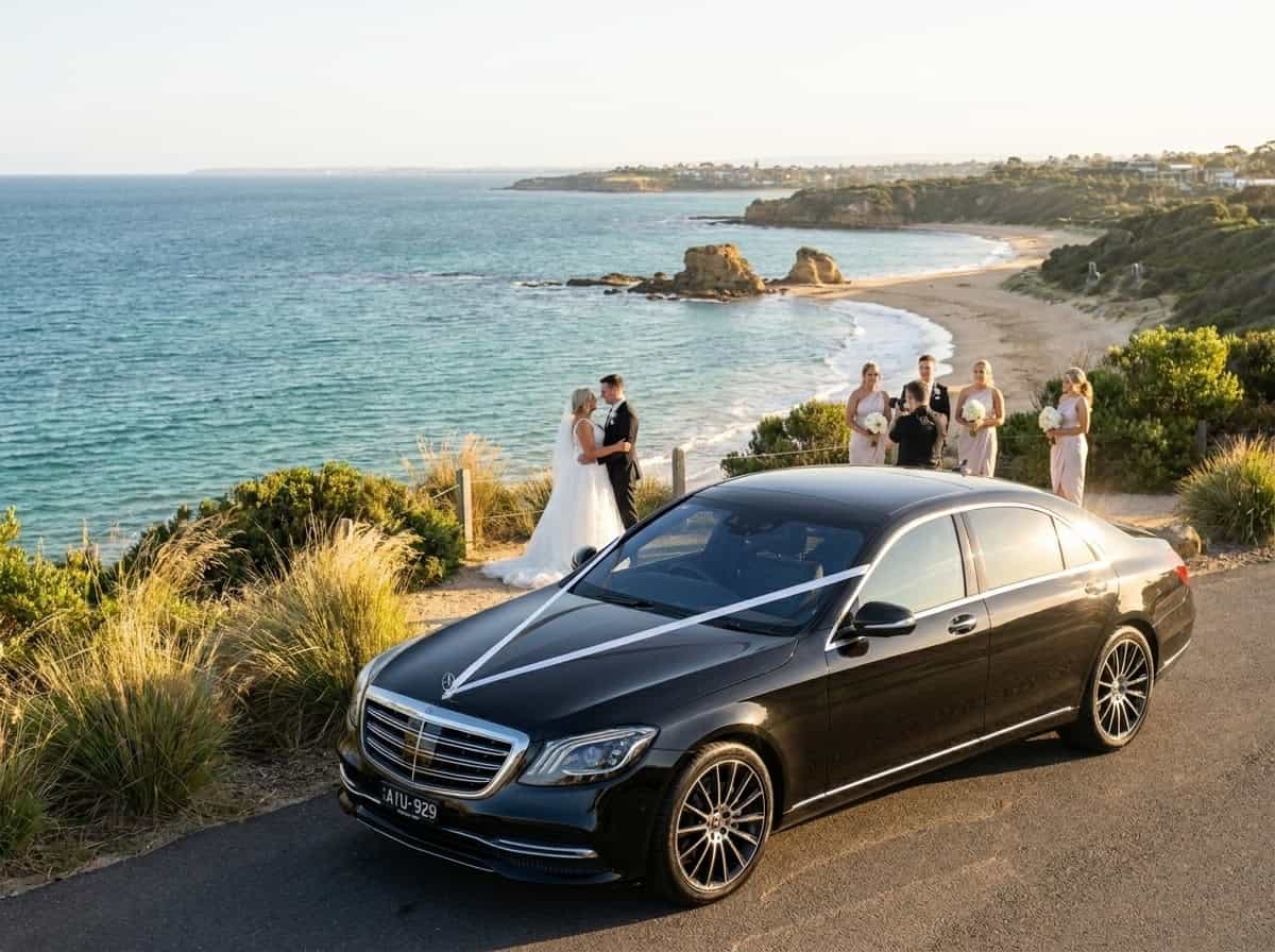 Mercedes-Benz S-Class wedding car with ribbon overlooking Half Moon Bay Melbourne