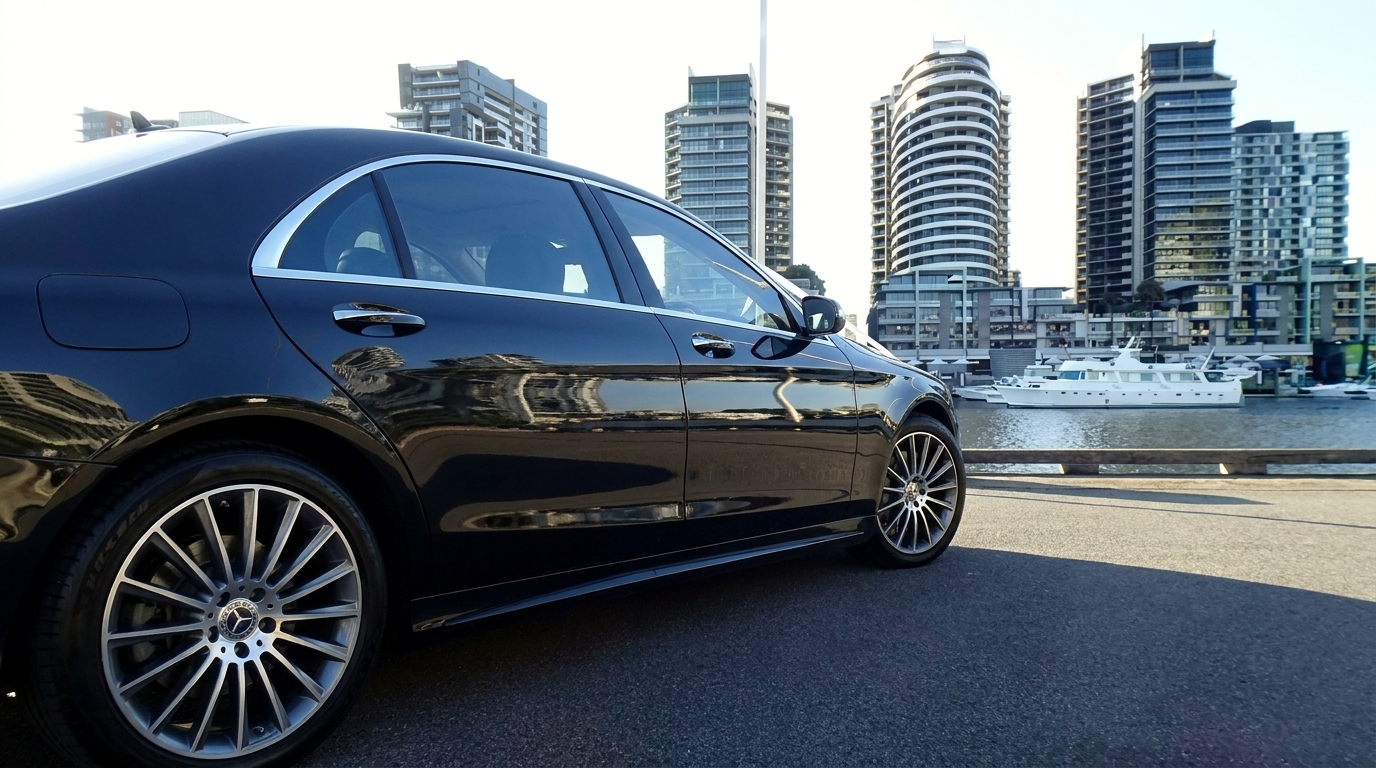 Black Mercedes-Benz S-Class wedding car with ribbon in Docklands Melbourne waterfront setting
