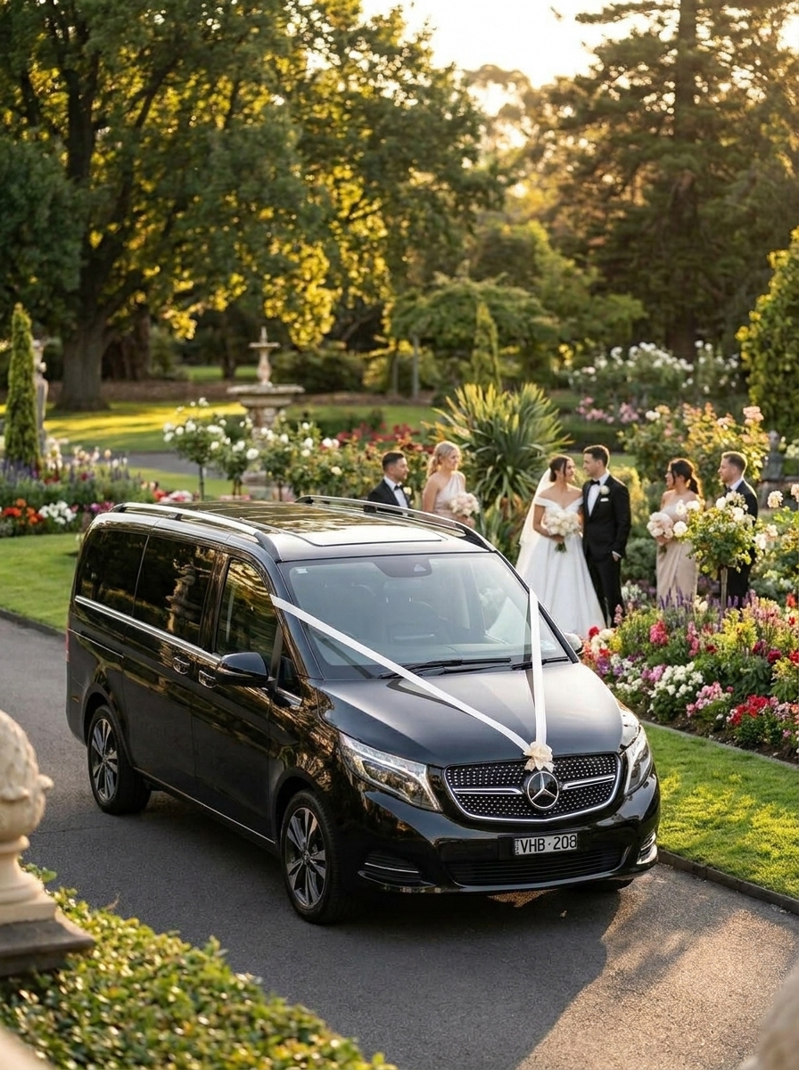 Black Mercedes-Benz V-Class wedding vehicle with ribbon at Ray Bramham Gardens Melbourne