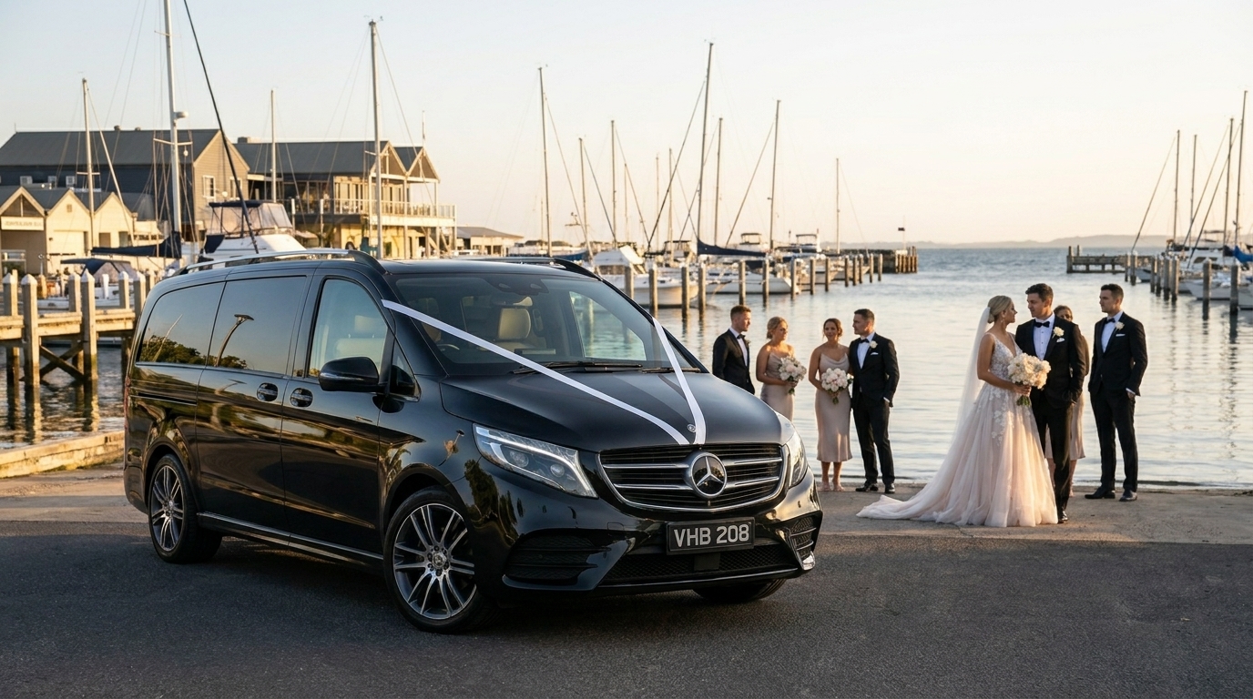 Mercedes-Benz V-Class wedding car at Sorrento Sailing Couta Boat Club — coastal waterfront wedding