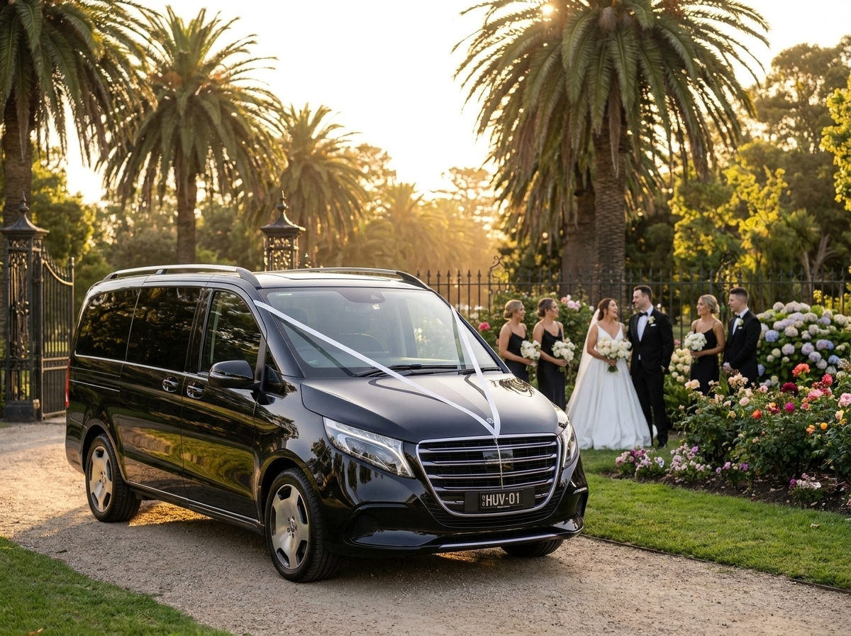 Black Mercedes-Benz V-Class wedding vehicle at Williamstown Botanic Gardens Melbourne