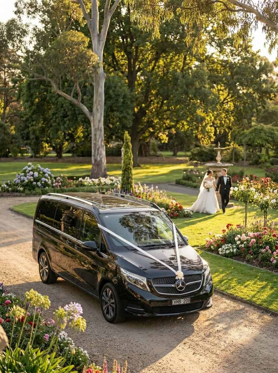 Black Mercedes-Benz V-Class wedding vehicle in a park setting in Coburg Melbourne