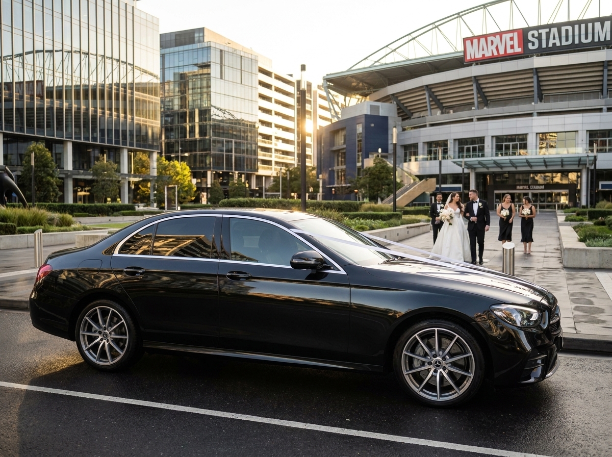 Black Mercedes S-Class with wedding ribbon — luxury wedding car hire Docklands Victoria Harbour NewQuay Melbourne waterfront