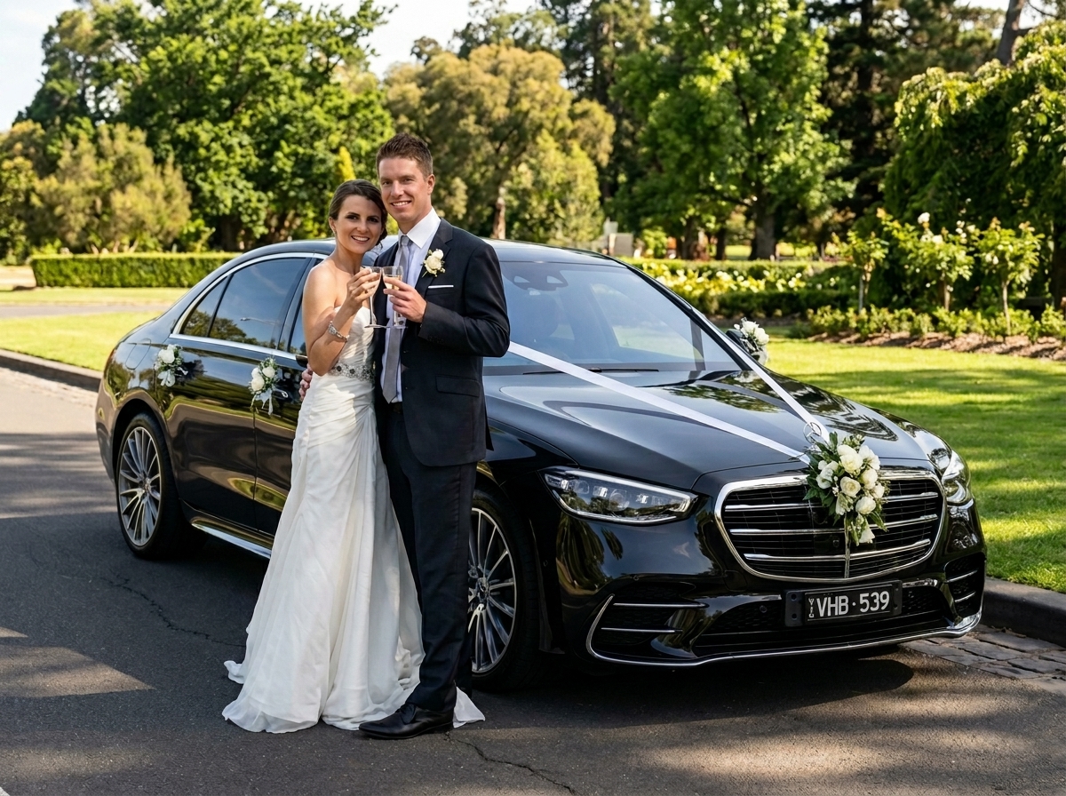 Bride and groom holding champagne beside a black Mercedes E-Class wedding car with registration VHB 539 near Royal Botanic Gardens and Shrine of Remembrance Melbourne