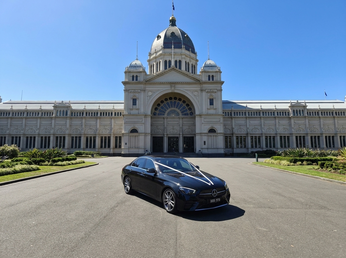 Luxury Mercedes E-Class wedding car with wedding ribbons parked in front of Melbourne's Royal Exhibition Building on a sunny day.