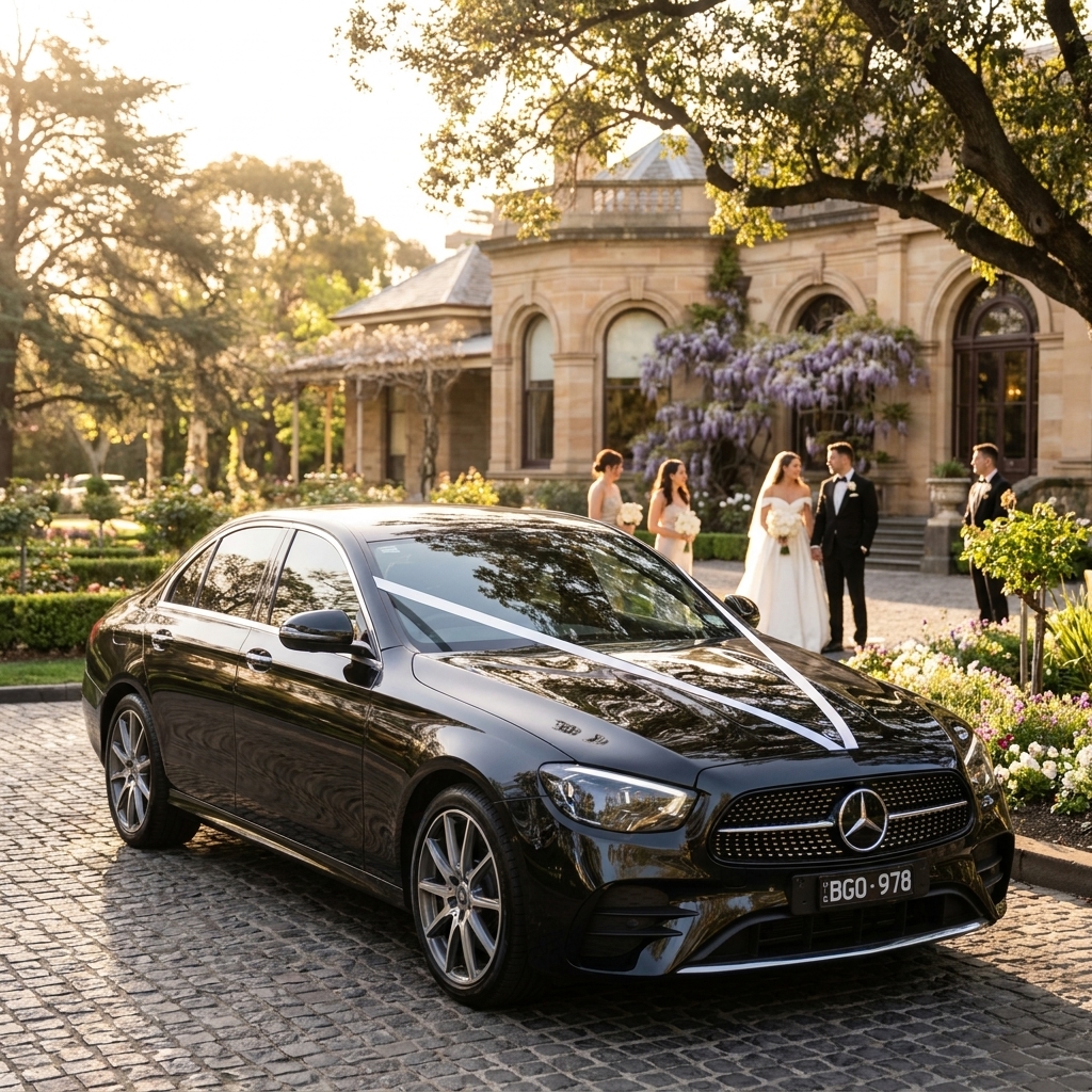 Black Mercedes-Benz E-Class wedding car with ribbon at a luxury Parkville wedding venue in Melbourne