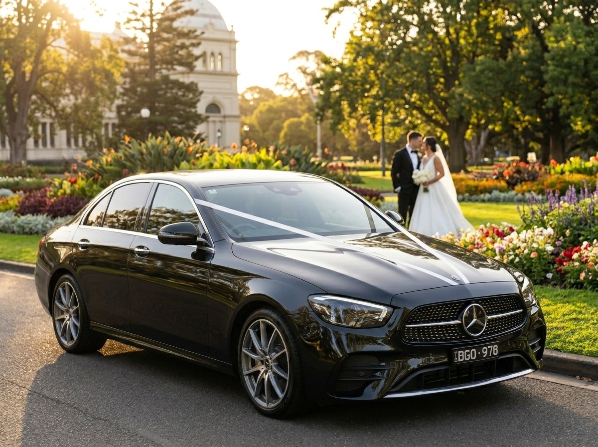 Black Mercedes-Benz E-Class wedding car with white ribbon in Carlton Gardens Melbourne with bride and groom in the background