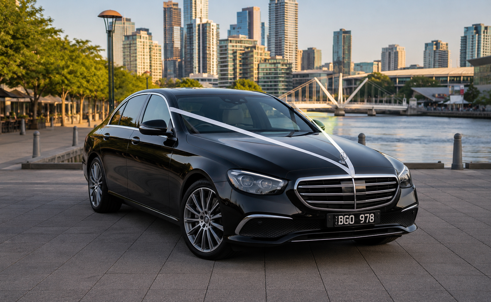 Mercedes-Benz E-Class executive wedding car Melbourne — elegant couple transfer