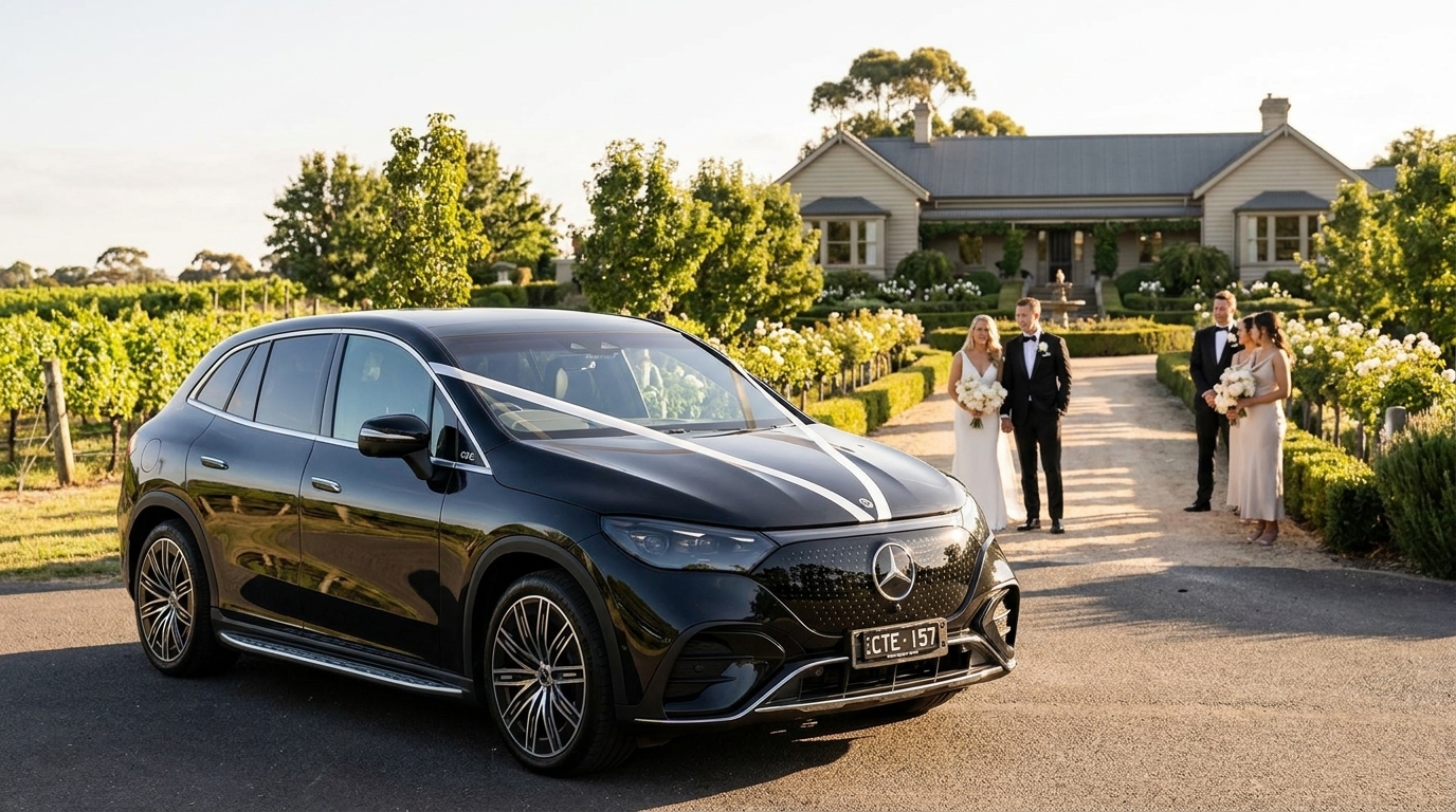 Mercedes-Benz EQE wedding car at Lancemore Lindenderry Red Hill — Mornington Peninsula vineyard estate