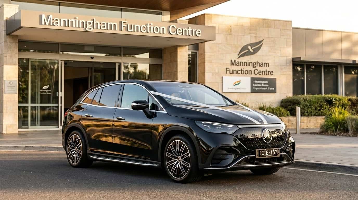 Black Mercedes EQE-Class with wedding ribbon — luxury wedding car hire Doncaster Manningham Melbourne