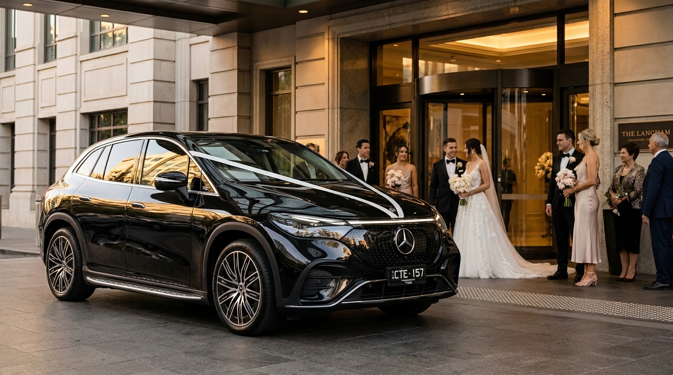 Black Mercedes-Benz EQE wedding car with white ribbon outside The Langham Melbourne Southbank
