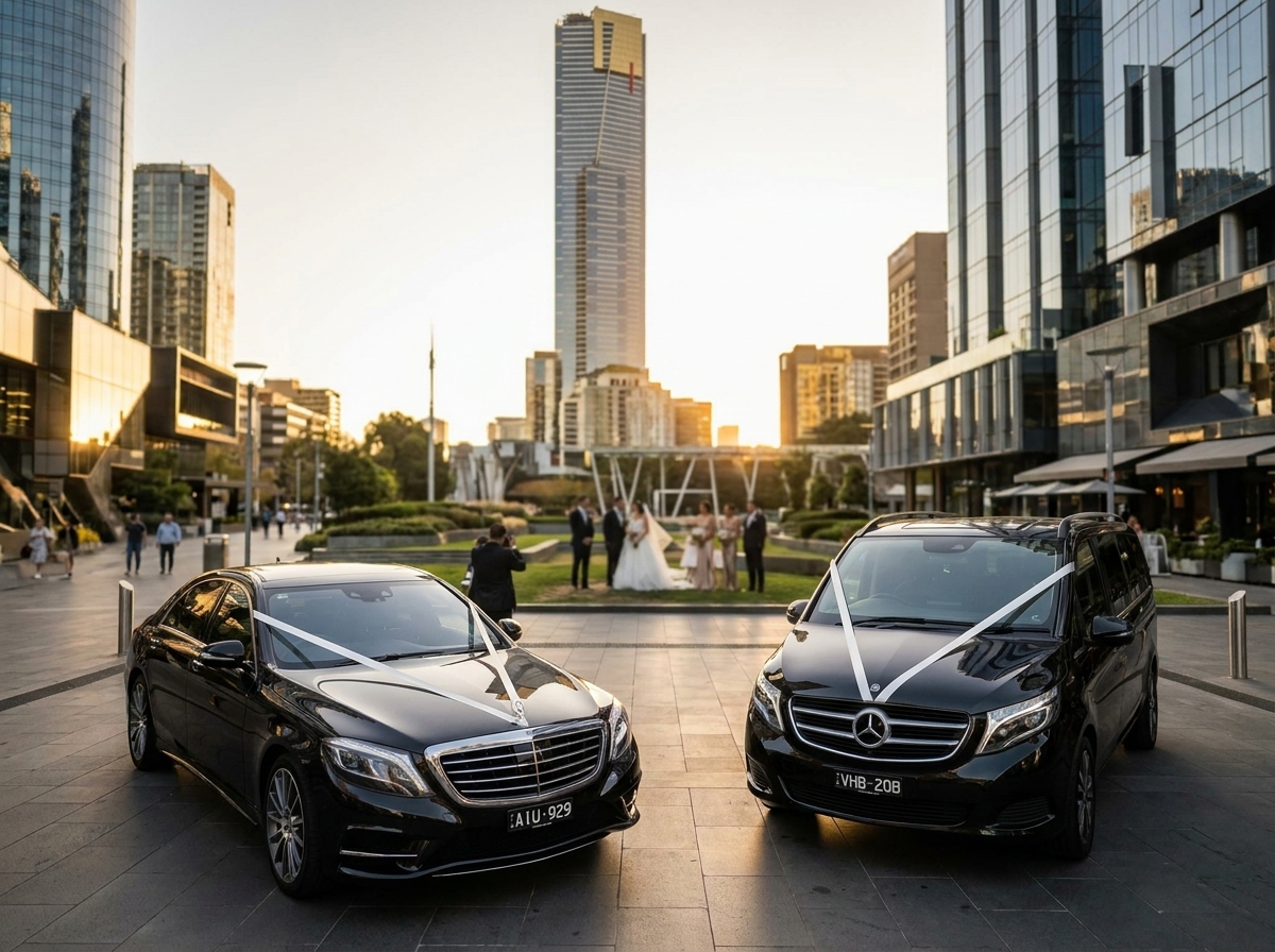 Black Mercedes-Benz S-Class and Mercedes-Benz V-Class wedding cars with ribbons at Eureka Skydeck Melbourne