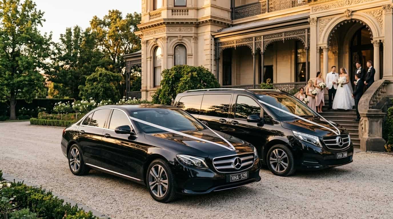 Black Mercedes-Benz S-Class and V-Class wedding cars with ribbons at Labassa Mansion Melbourne