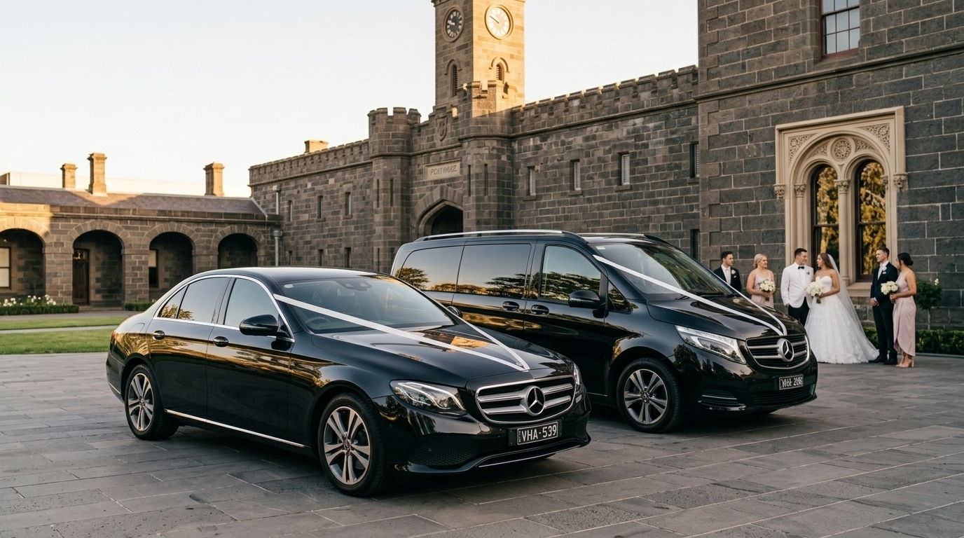Mercedes-Benz wedding cars at Pentridge Precinct Coburg — heritage venue wedding Melbourne