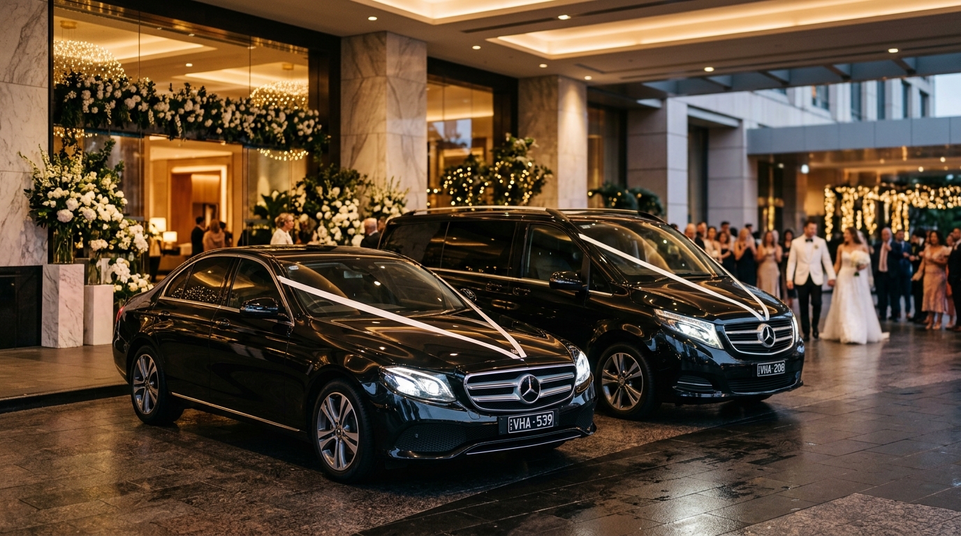 Black Mercedes E-Class and Mercedes V-Class wedding cars with ribbons at Crown Towers Melbourne