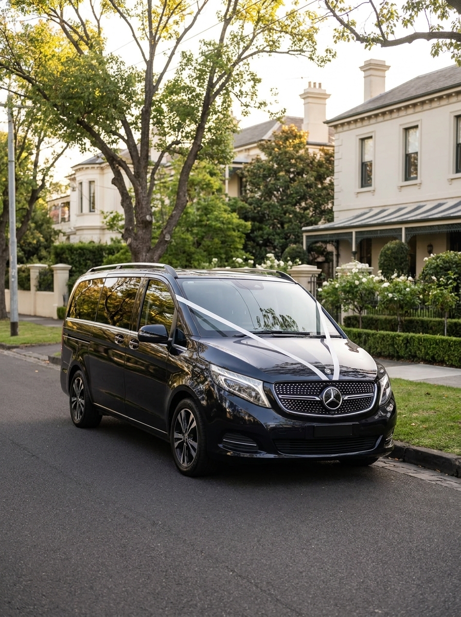 Black Mercedes V-Class wedding car VHB 208 parked on an elegant South Yarra street in Melbourne