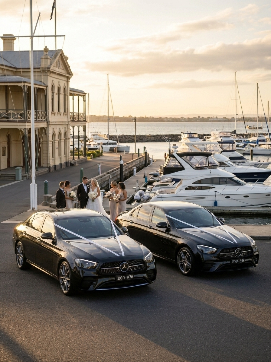 Black Mercedes-Benz S-Class and V-Class wedding cars with ribbons at Royal Victorian Motor Yacht Club Williamstown